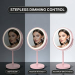 LED makeup mirror stepless dimming control shown across three brightness levels