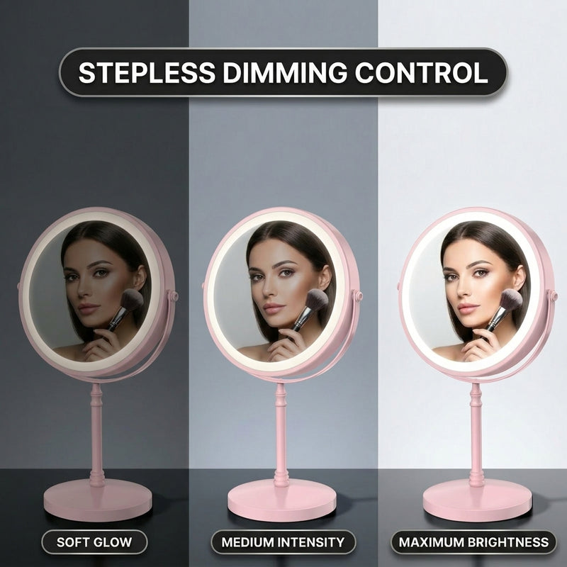 LED makeup mirror stepless dimming control shown across three brightness levels