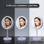 LED makeup mirror stepless dimming control shown across three brightness levels
