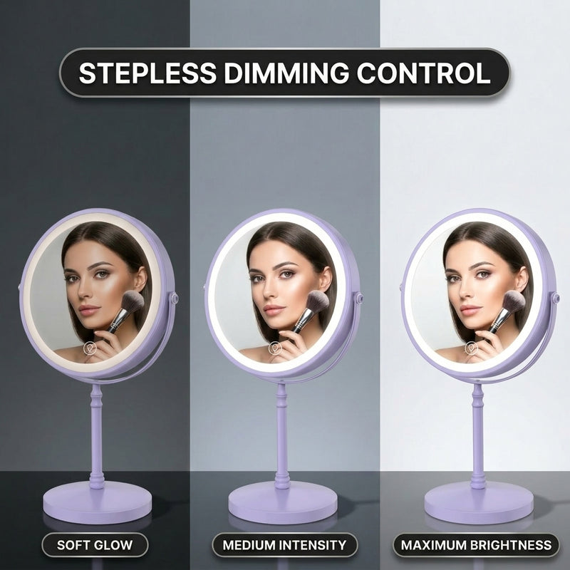 LED makeup mirror stepless dimming control shown across three brightness levels