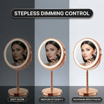 LED makeup mirror stepless dimming control shown across three brightness levels