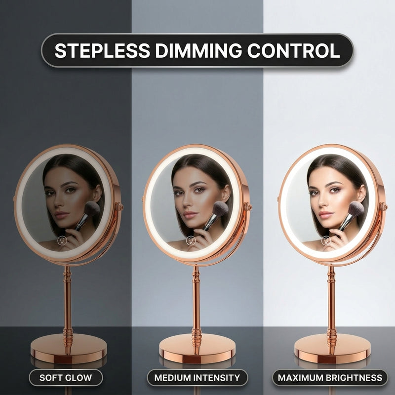 LED makeup mirror stepless dimming control shown across three brightness levels