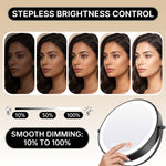 LED makeup mirror stepless dimming control shown across three brightness levels