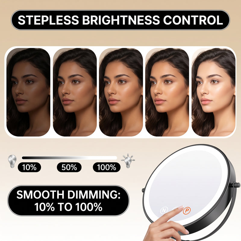LED makeup mirror stepless dimming control shown across three brightness levels