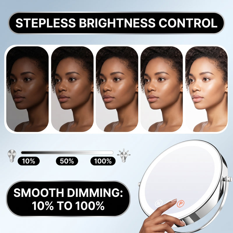 LED makeup mirror stepless dimming control shown across three brightness levels
