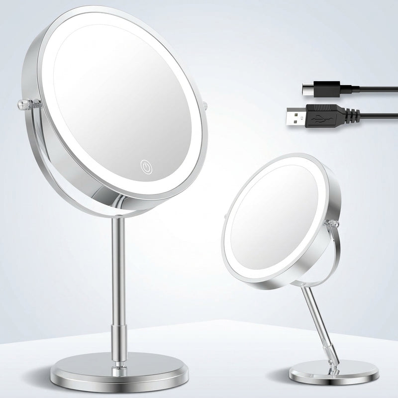 Rechargeable LED makeup mirror in chrome with lit ring light and touch control, front view