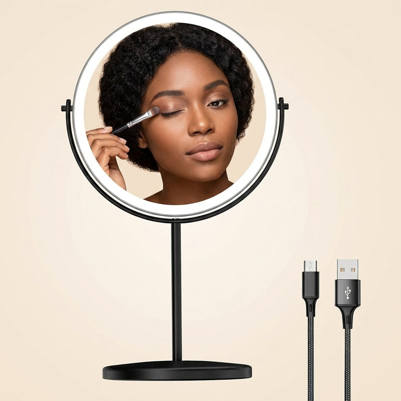 Rechargeable LED makeup mirror in chrome with lit ring light and touch control, front view