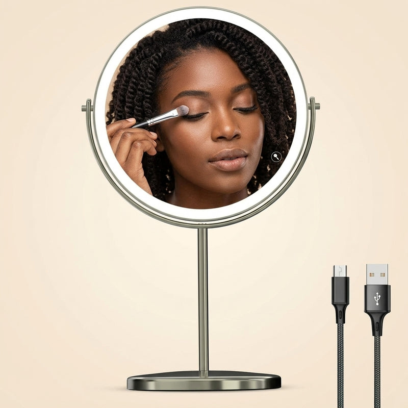 Rechargeable LED makeup mirror in chrome with lit ring light and touch control, front view