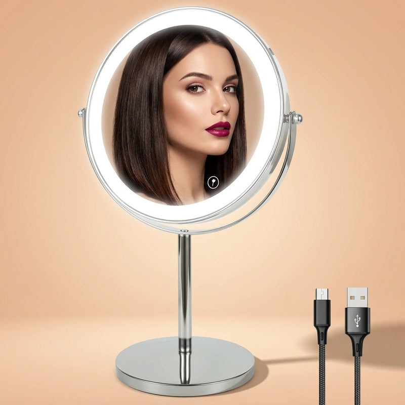 Rechargeable LED makeup mirror in chrome with lit ring light and touch control, front view