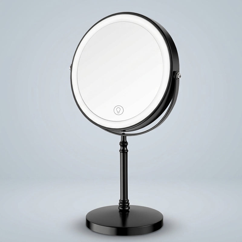 Rechargeable LED makeup mirror in chrome with lit ring light and touch control, front view
