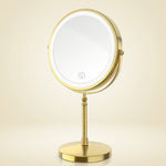 Rechargeable LED makeup mirror in chrome with lit ring light and touch control, front view