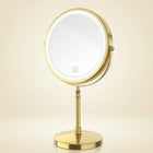 Rechargeable LED makeup mirror in chrome with lit ring light and touch control, front view