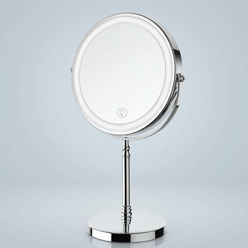 Rechargeable LED makeup mirror in chrome with lit ring light and touch control, front view