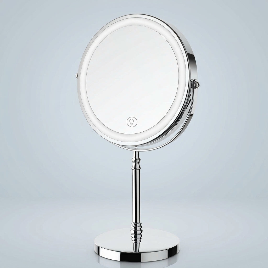 Rechargeable LED makeup mirror in chrome with lit ring light and touch control, front view