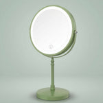 Rechargeable LED makeup mirror in chrome with lit ring light and touch control, front view