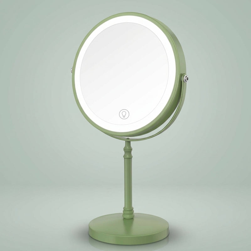 Rechargeable LED makeup mirror in chrome with lit ring light and touch control, front view