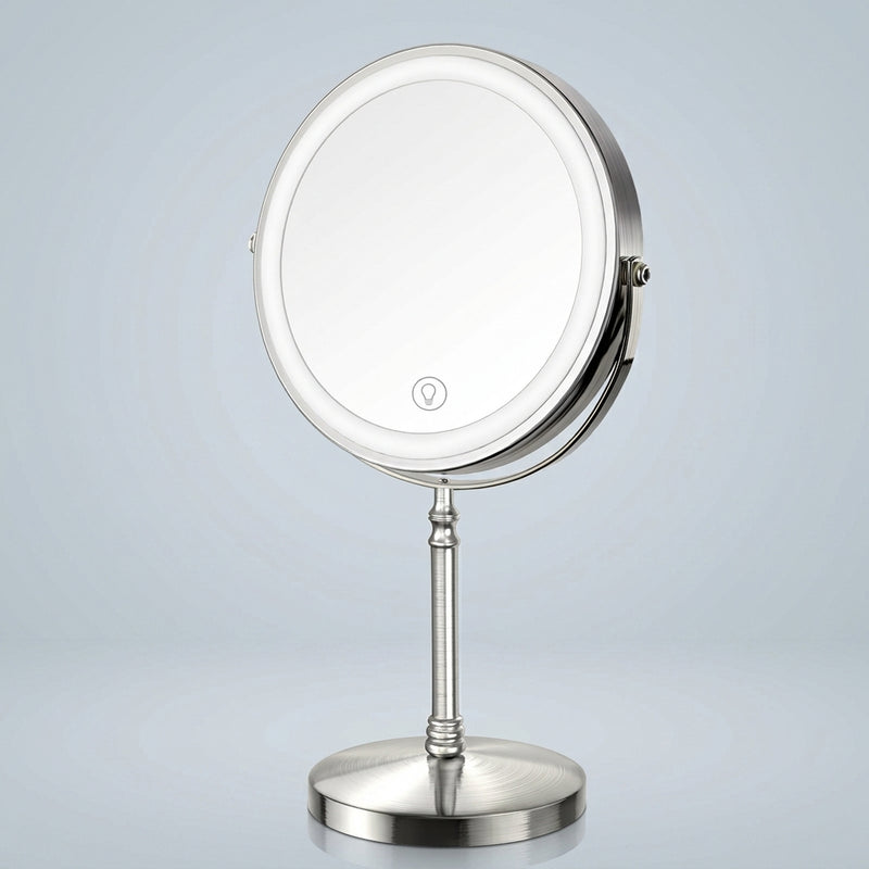 Rechargeable LED makeup mirror in chrome with lit ring light and touch control, front view