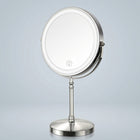 Rechargeable LED makeup mirror in chrome with lit ring light and touch control, front view
