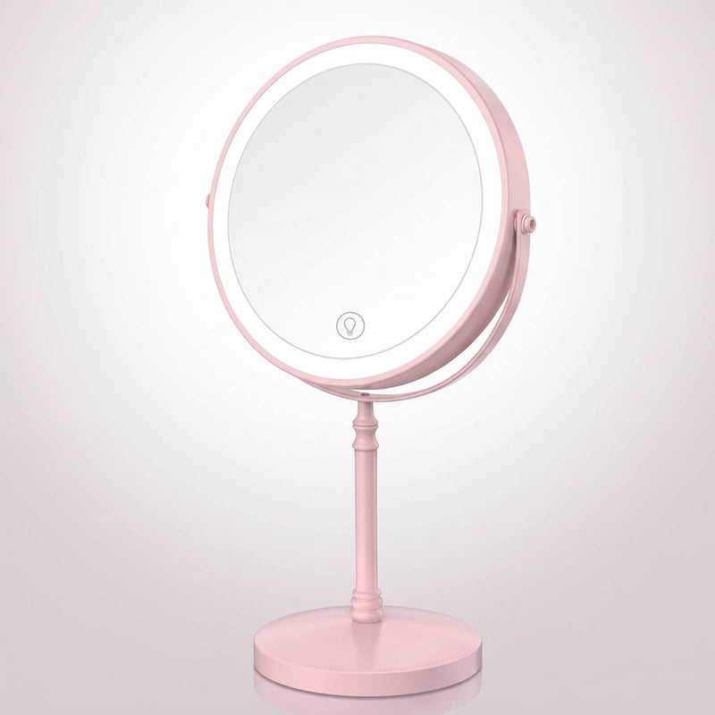 Rechargeable LED makeup mirror in chrome with lit ring light and touch control, front view