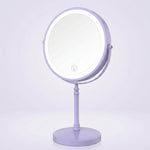 Rechargeable LED makeup mirror in chrome with lit ring light and touch control, front view