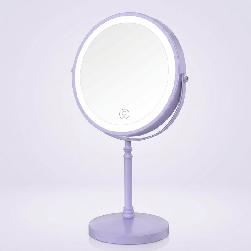 Rechargeable LED makeup mirror in chrome with lit ring light and touch control, front view