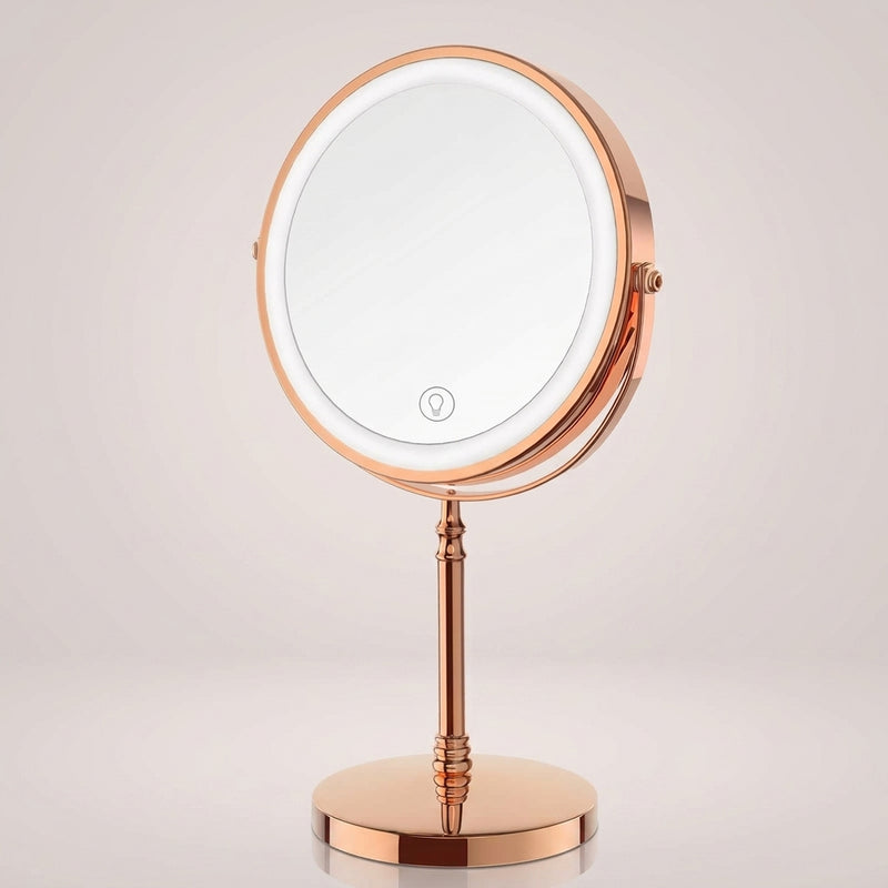 Rechargeable LED makeup mirror in chrome with lit ring light and touch control, front view
