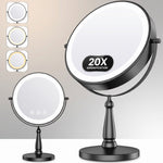 Rechargeable LED makeup mirror in chrome with lit ring light and touch control, front view