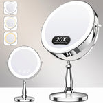 Rechargeable LED makeup mirror in chrome with lit ring light and touch control, front view