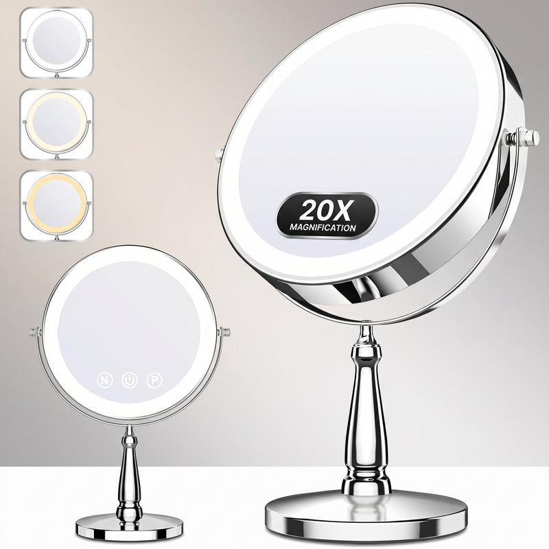 Rechargeable LED makeup mirror in chrome with lit ring light and touch control, front view