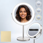 Rechargeable LED makeup mirror in chrome with lit ring light and touch control, front view