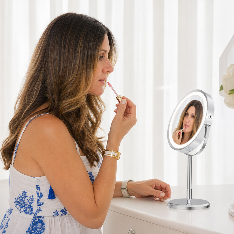 Woman applying makeup at a vanity table using the rechargeable LED makeup mirror
