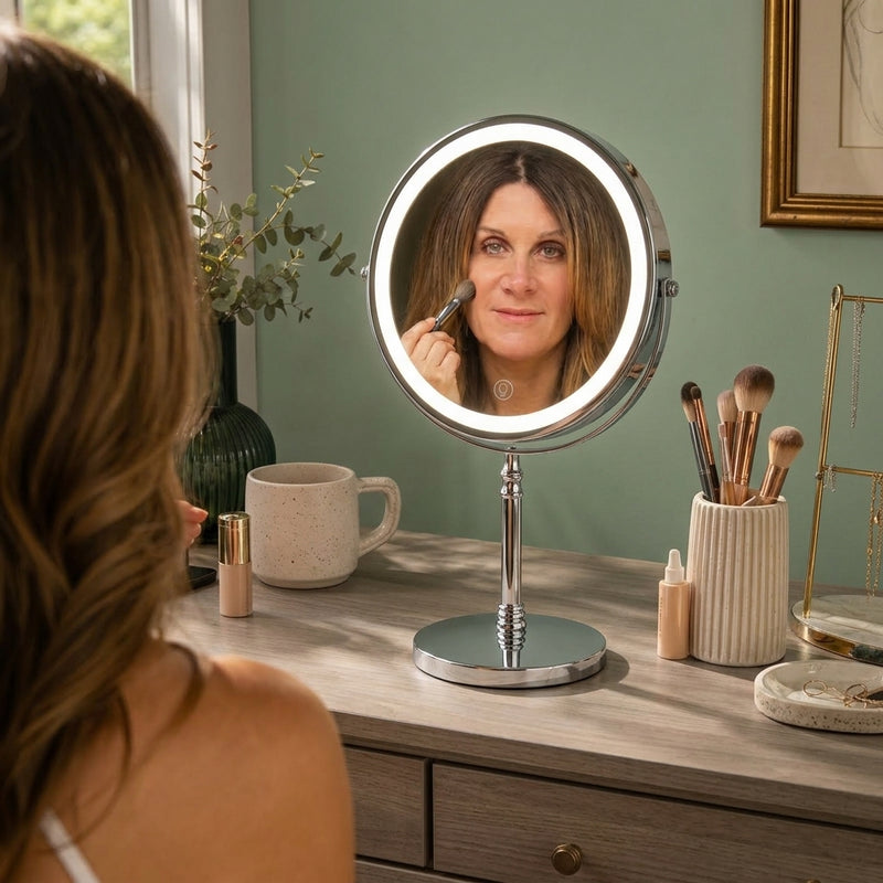 Woman applying makeup at a vanity table using the rechargeable LED makeup mirror