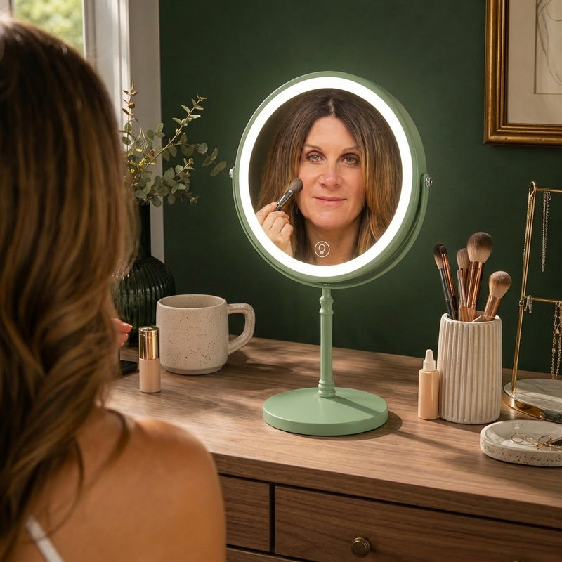 Woman applying makeup at a vanity table using the rechargeable LED makeup mirror