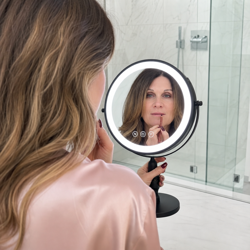 Woman applying makeup at a vanity table using the rechargeable LED makeup mirror