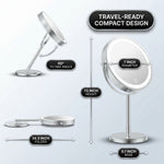 LED makeup mirror dimensions: 8-inch diameter, 15-inch height, with 360-degree swivel and USB charging port detail