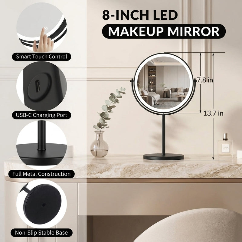 LED makeup mirror dimensions: 8-inch diameter, 15-inch height, with 360-degree swivel and USB charging port detail