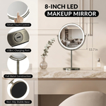 LED makeup mirror dimensions: 8-inch diameter, 15-inch height, with 360-degree swivel and USB charging port detail