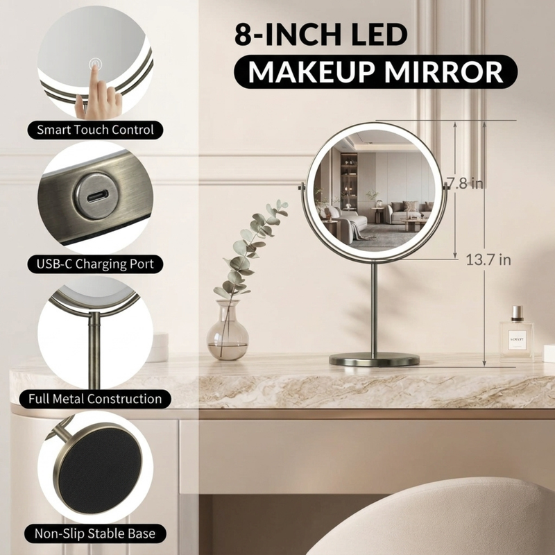 LED makeup mirror dimensions: 8-inch diameter, 15-inch height, with 360-degree swivel and USB charging port detail
