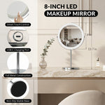 LED makeup mirror dimensions: 8-inch diameter, 15-inch height, with 360-degree swivel and USB charging port detail