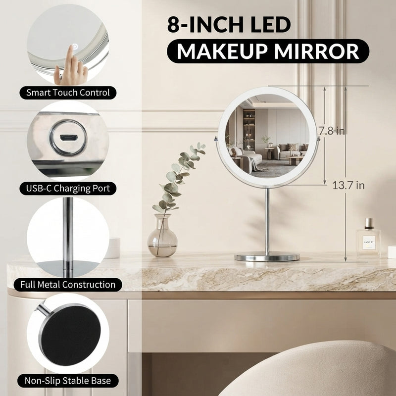 LED makeup mirror dimensions: 8-inch diameter, 15-inch height, with 360-degree swivel and USB charging port detail