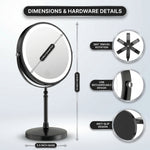 LED makeup mirror dimensions: 8-inch diameter, 15-inch height, with 360-degree swivel and USB charging port detail