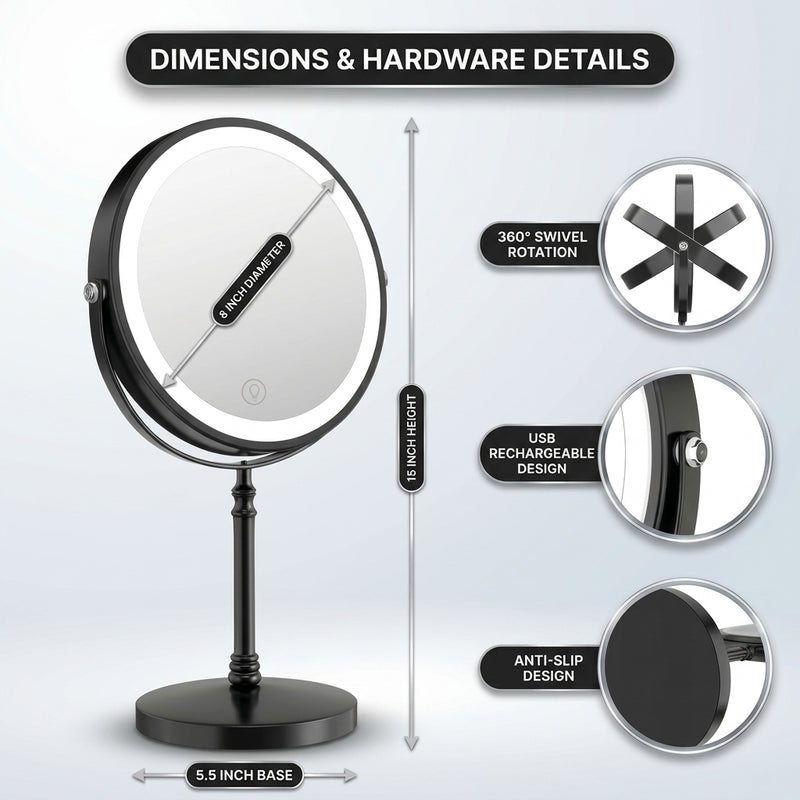 LED makeup mirror dimensions: 8-inch diameter, 15-inch height, with 360-degree swivel and USB charging port detail