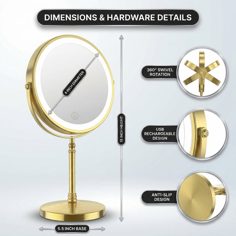 LED makeup mirror dimensions: 8-inch diameter, 15-inch height, with 360-degree swivel and USB charging port detail