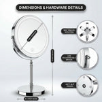 LED makeup mirror dimensions: 8-inch diameter, 15-inch height, with 360-degree swivel and USB charging port detail