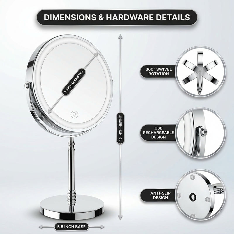 LED makeup mirror dimensions: 8-inch diameter, 15-inch height, with 360-degree swivel and USB charging port detail