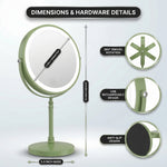 LED makeup mirror dimensions: 8-inch diameter, 15-inch height, with 360-degree swivel and USB charging port detail