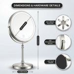 LED makeup mirror dimensions: 8-inch diameter, 15-inch height, with 360-degree swivel and USB charging port detail