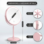 LED makeup mirror dimensions: 8-inch diameter, 15-inch height, with 360-degree swivel and USB charging port detail