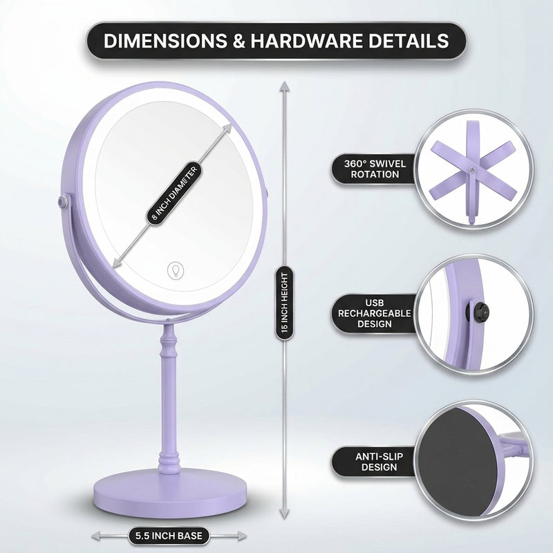 LED makeup mirror dimensions: 8-inch diameter, 15-inch height, with 360-degree swivel and USB charging port detail