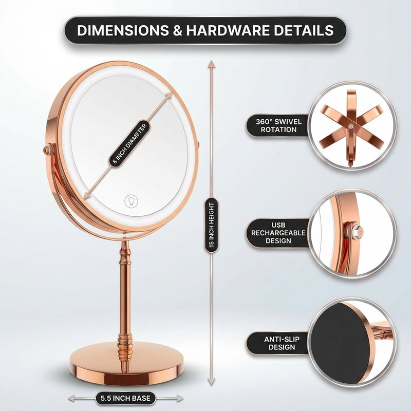LED makeup mirror dimensions: 8-inch diameter, 15-inch height, with 360-degree swivel and USB charging port detail